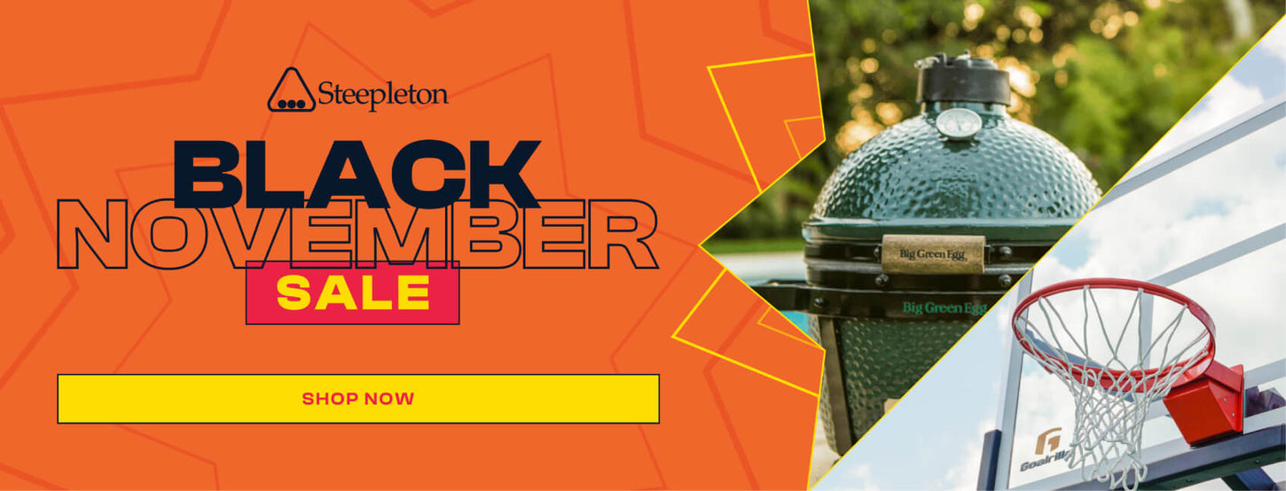 Steepleton Black November Sale banner with a grill and basketball hoop on an orange background