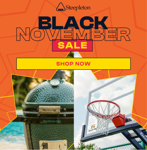 Steepleton Black November Sale with a grill and basketball hoop on an orange background.
